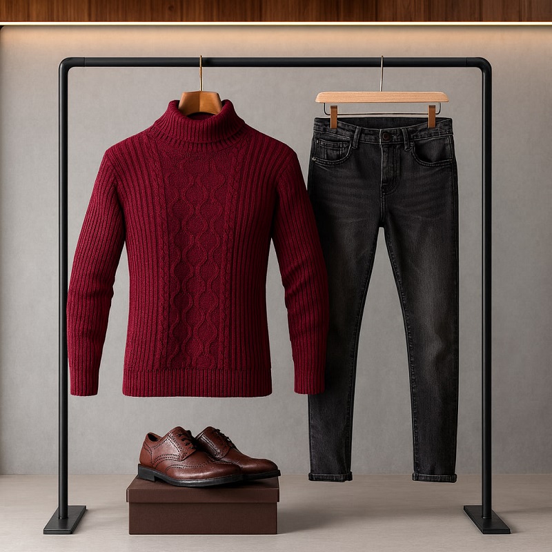 پلیوربافت مردانه یقه اسکی مدل Hakan-زرشکی